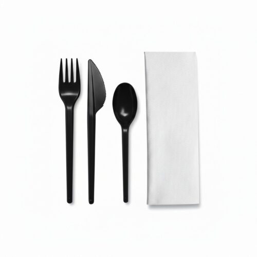KIT COUVERTS NOIR AVEC SERVIETTE